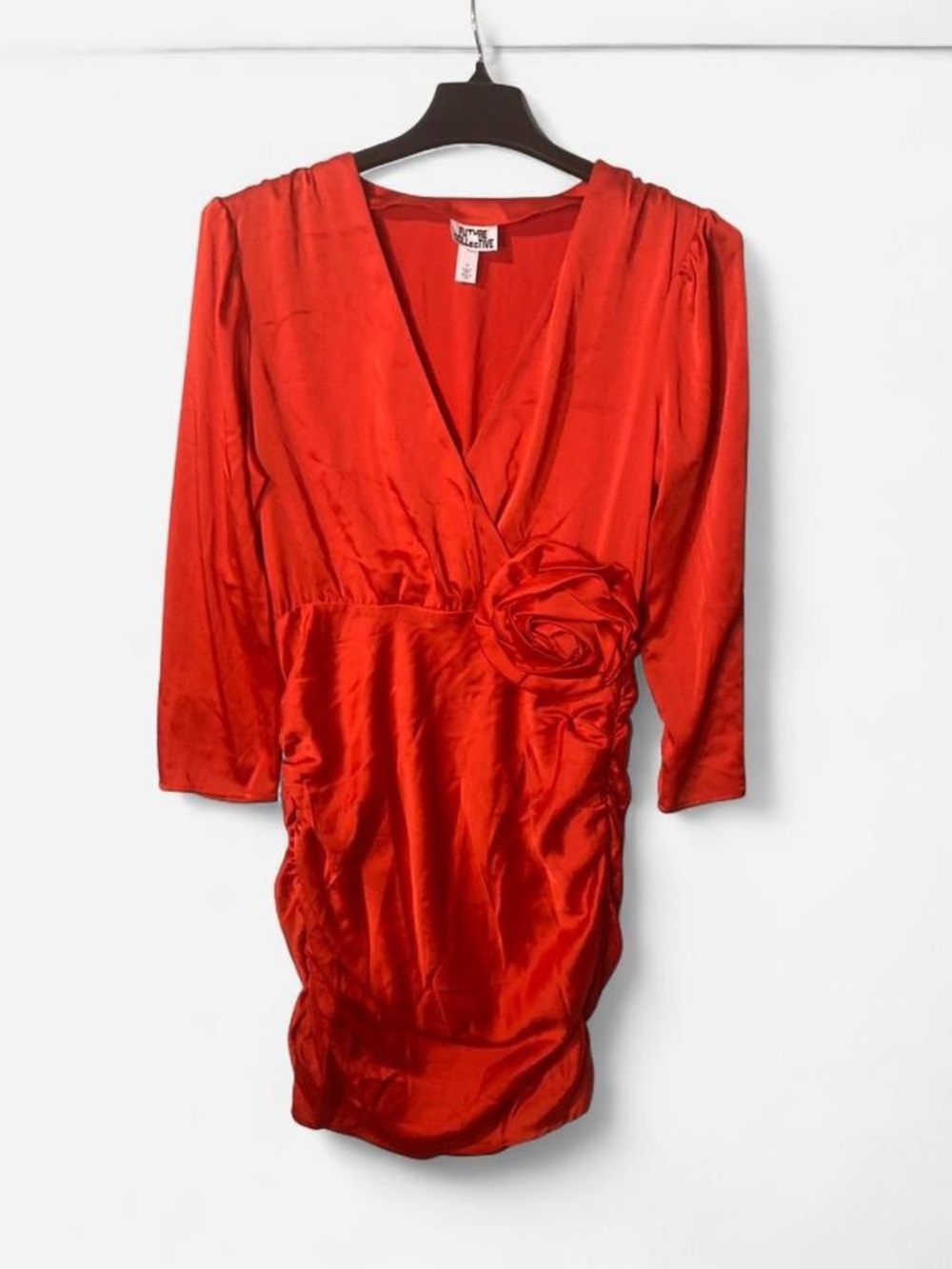 Future Collective Rust-Orange Long-Sleeve Wrap Dress with Rosette Detail